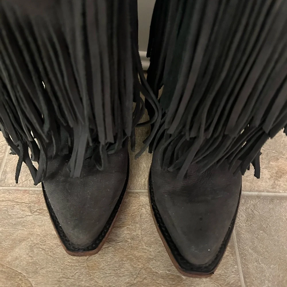 Made in Mexico, Black Fringe Leather, Cowgirl Boots - Picture 5 of 6